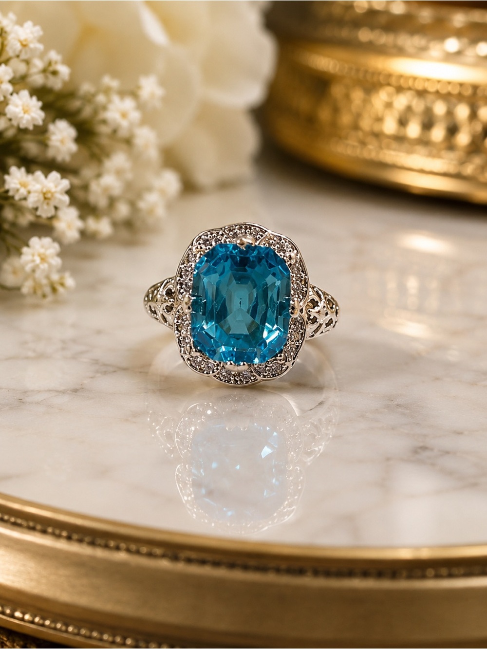 Blue Gemstone Halo Ring - Size 7 Vintage Inspired - Picture 2 of 6